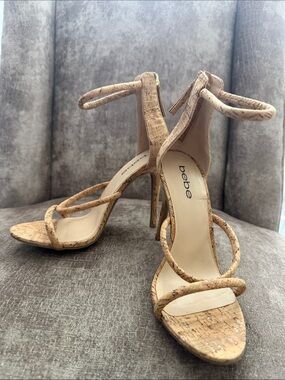 bebe Cork Strappy Ankle‑Wrap High Heels in Natural Tan